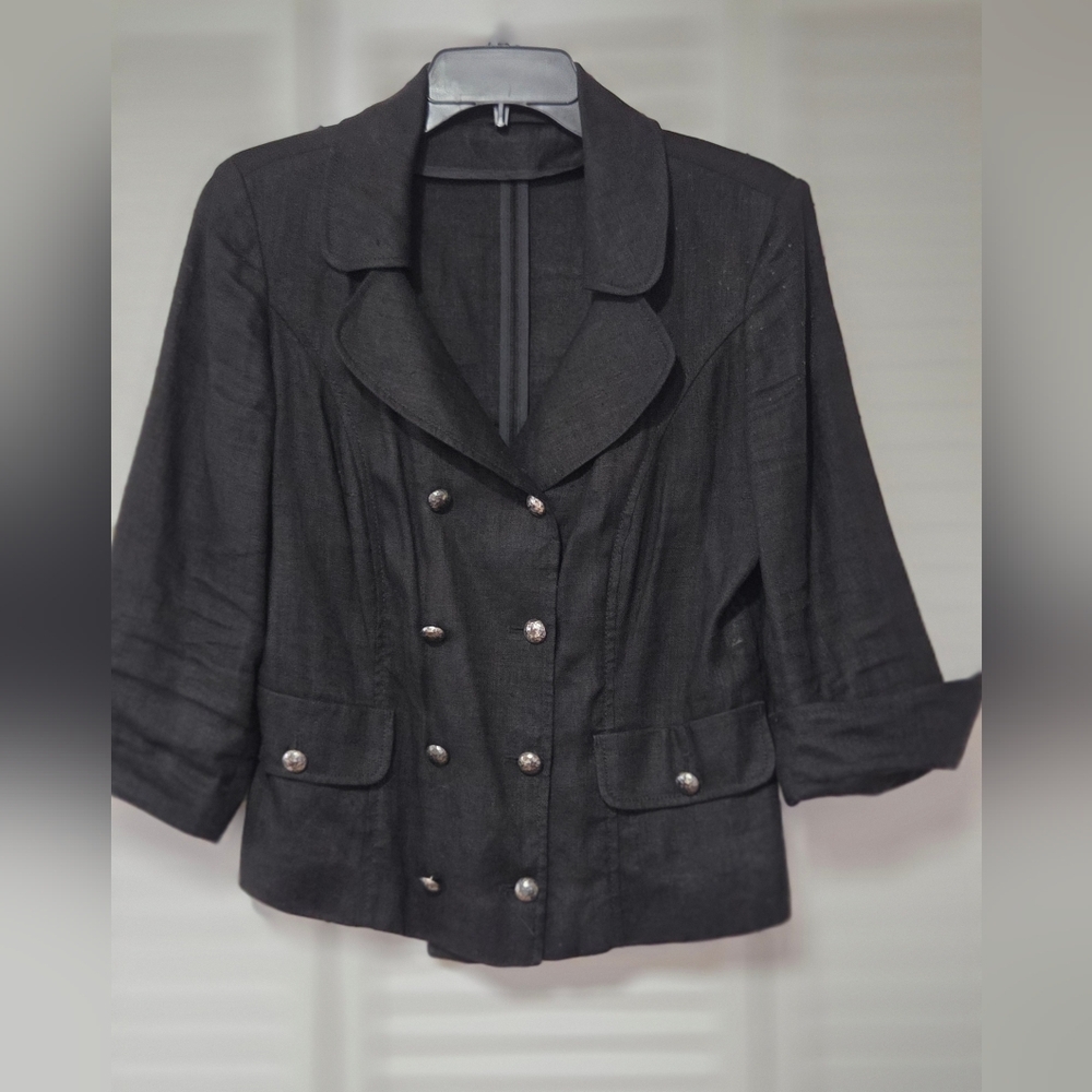 Double-Breasted Black Blazer with Decorative Buttons, 100% Linen